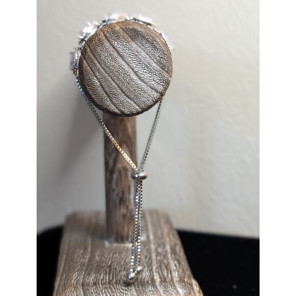 Teardrop Halo CZ Tennis Adjustable White Gold Plated Silver Tone Pull Bracelet - Picture 5 of 7